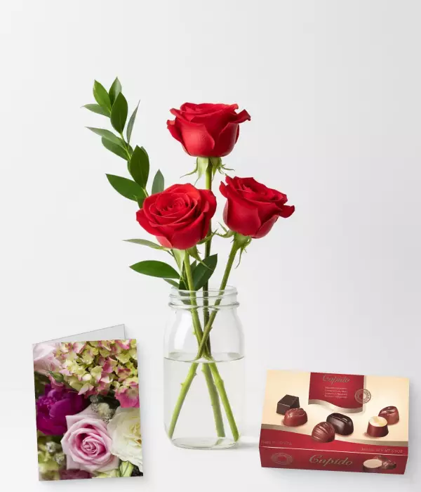 3 Red Roses, Card & Chocolates
