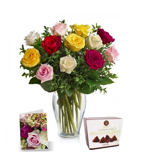 Dozen Mixed Colour Roses, Vase, Card & Chocolates