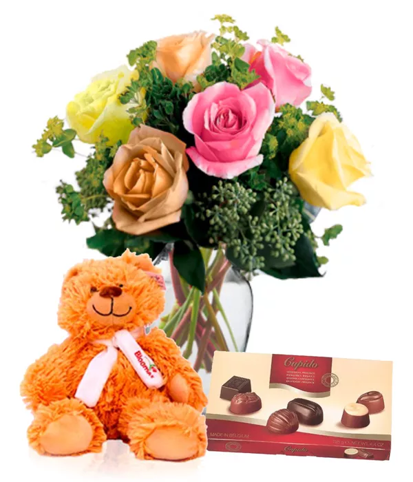 6 Assorted Roses, Chocolates & Teddy