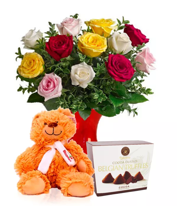 Dozen Assorted Roses, Truffles & Teddy