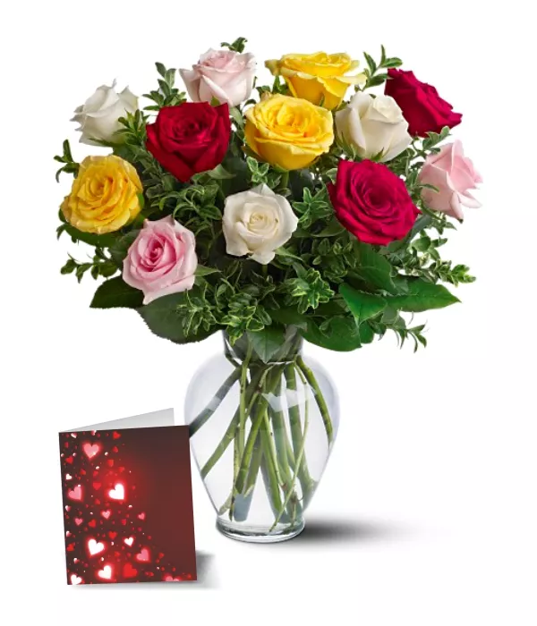 Dozen Mixed Roses, Vase & Card
