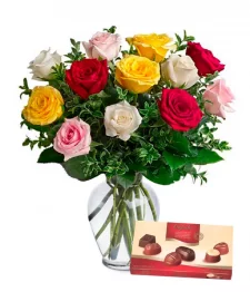 name: Dozen Mixed Roses with Chocolates