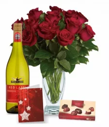 name: 12 Red Roses, Chocolates, Card & Wine