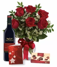 name: 6 Red Roses, Chocolates, Card & Wine