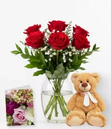 name: 6 Red Roses, Vase & Teddy