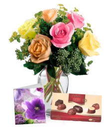 name: Half Dozen Assorted Roses, Chocolates & Card