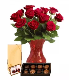 name: Dozen Roses, Vase & Chocolates
