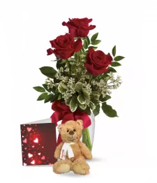 name: Red Rose Trio, Card & Teddy