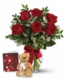 name: 6 Red Roses, Vase & Teddy