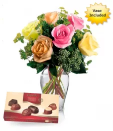 name: 6 Assorted Roses, Vase & Chocolates