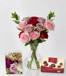 name: Dozen Mixed Colour Roses, Vase, Card & Chocolates