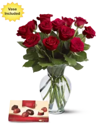 name: Dozen Red Roses, Vase & Chocolates