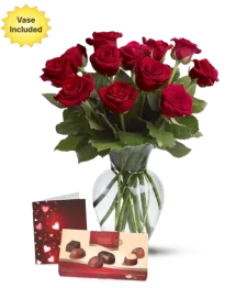 name: Dozen Roses, Chocolates, Vase & Card