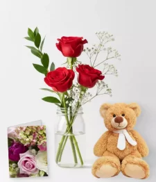 name: Red Rose Trio, Card & Teddy